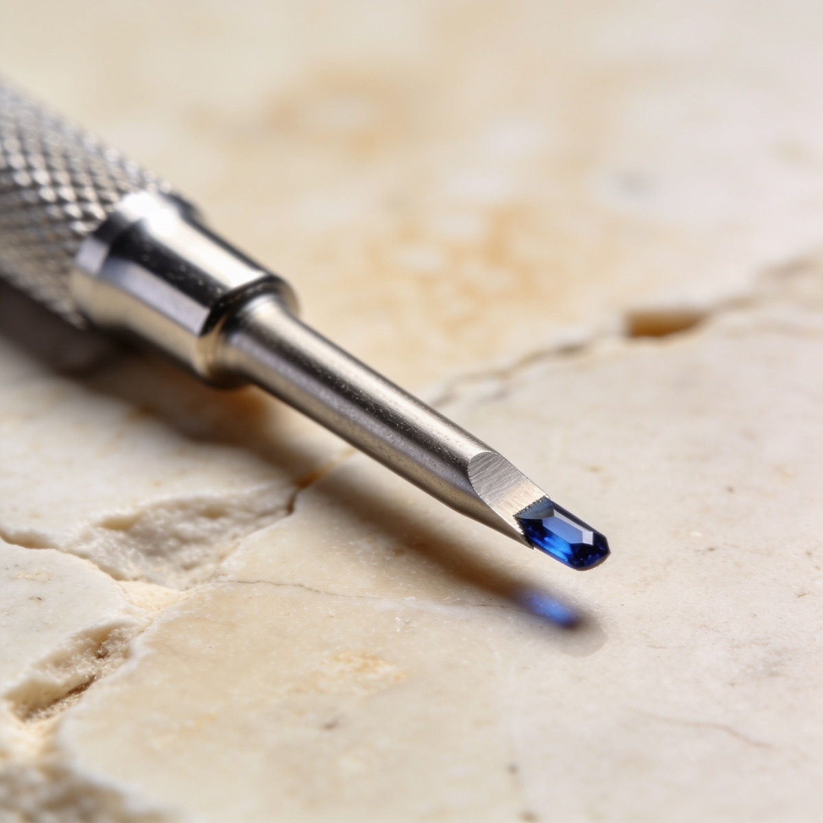 Macro van een saffier FUE-instrument met blauwe saffieren punt